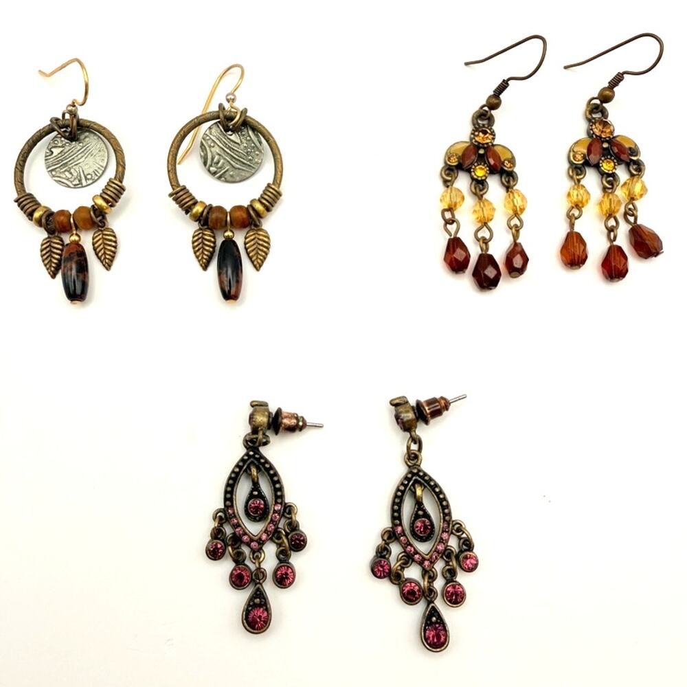 Lot of 3 Vintage Victorian Style Brass Boho Crystal Chandelier Dangle Earrings
